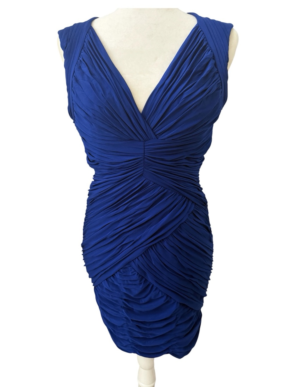 BCBGMAXAZRIA Royal Blue Ruched V-Neck Sheath Dress